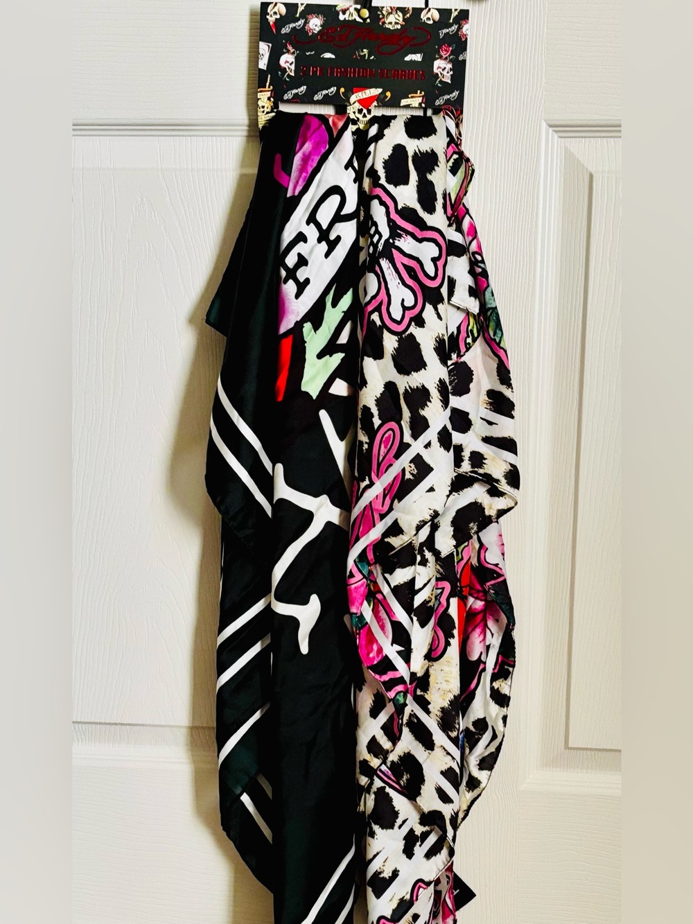 Ed Hardy Black, White, Pink & Mint Graphic Leopard Scarf